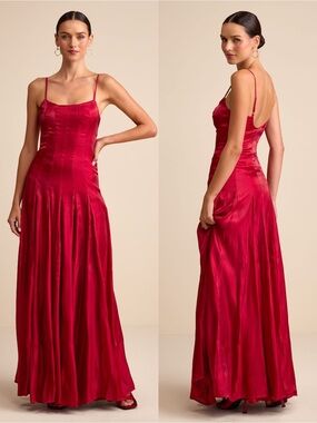 LULUS Pleated Satin Organza Drop Waist Cherry Red Y2K Wedding Guest Dress M